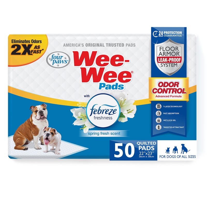 Four Paws Wee-Wee Odor Control with Febreze Freshness Pee Pads for Dogs & Puppies, Leak-Proof Dog Housebreaking Potty Training Floor Protection, Spring Fresh Scent, 22" x 23", 50 Count - Image 1